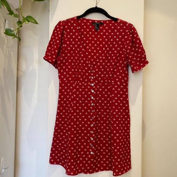 Red and White Floral Button Up Mini Dress - Picture 1 of 5